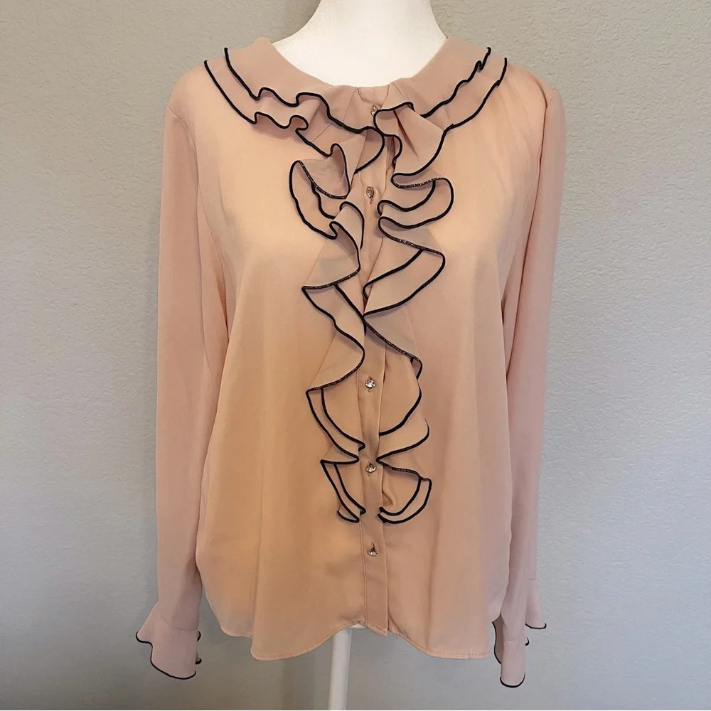 Zara  jewel button cascade ruffle blouse in pale pink and black size medium